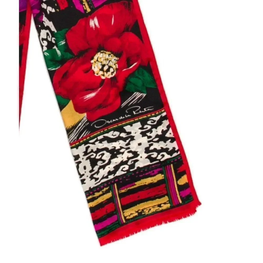 oscar de la renta Authentic Silk Floral Black Pink Red Scarf